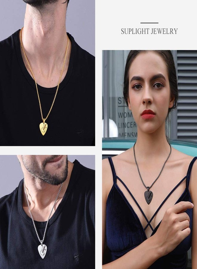 Suplight Stainless Steel Black Guitar Pick Necklace for Men Waterproof Guitar Picks Holder Pendant Plectrum Music Note Necklace Musical Guitarist Jewelry Gift for Women Men - Image 2